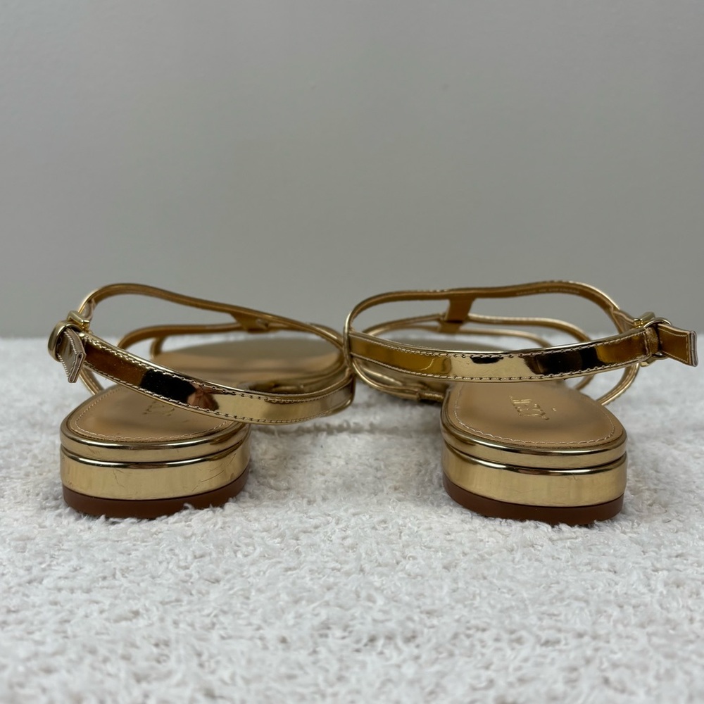 J. Crew Factory Sandals Womens 10.5 Gold Ankle‎ Strap Open Toe Buckle Flats - Picture 7 of 13